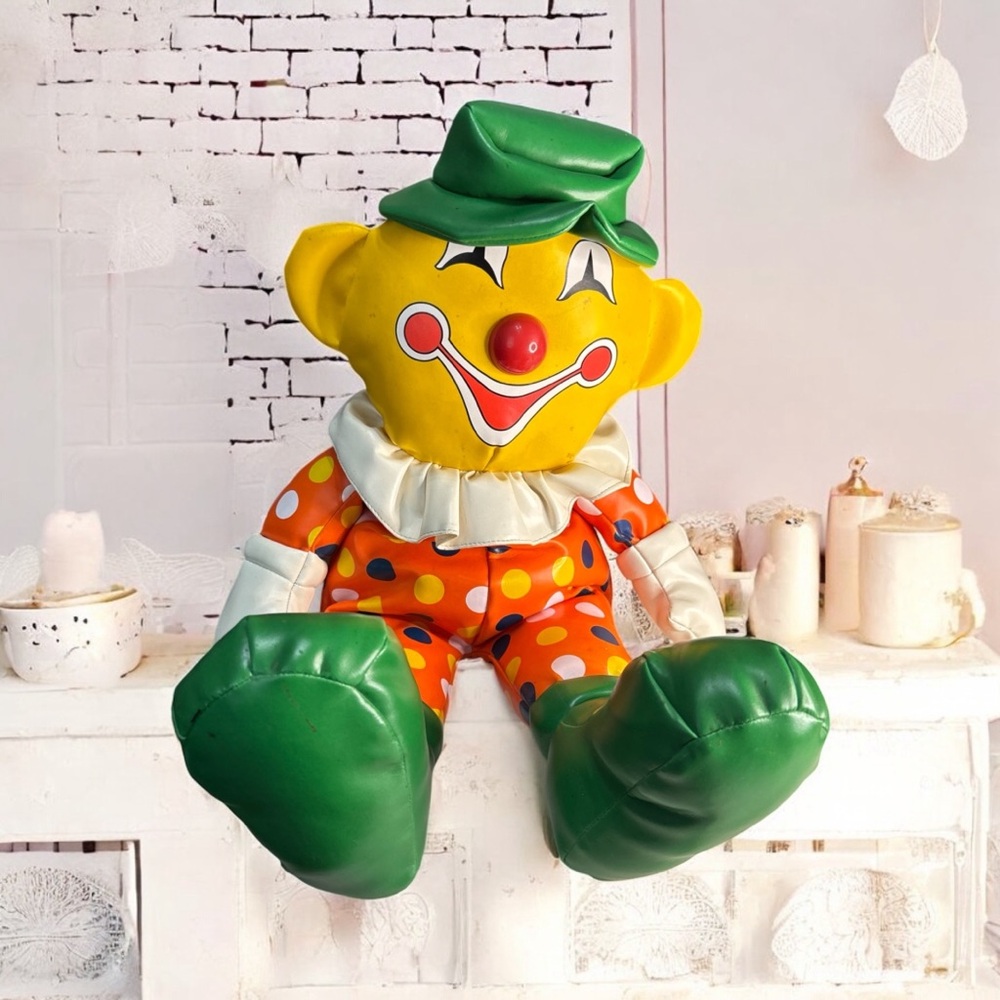 Rare 1950s Vinyl Clown Doll Kitschy Payaso PVC Stuffed Green Hat Shoes- White